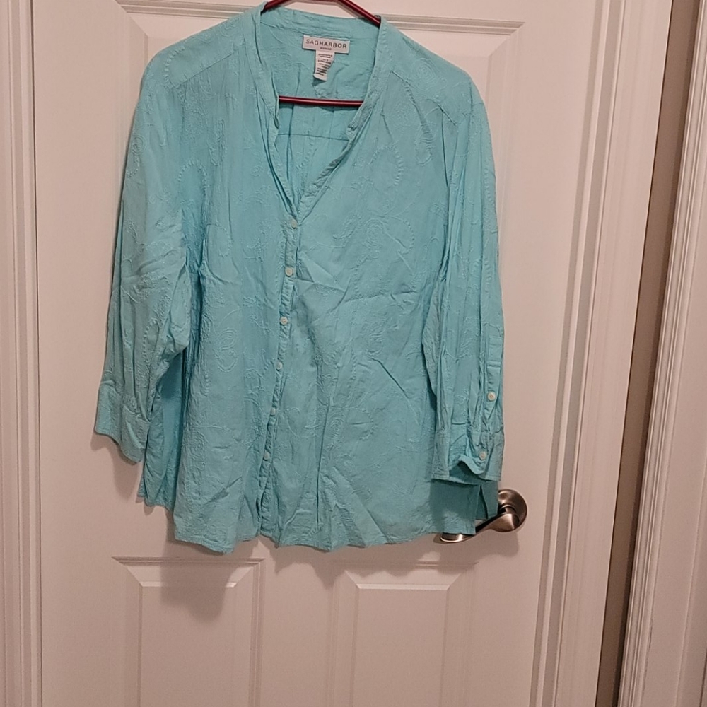 Turqouise blouse w/ tonal floral embroidery